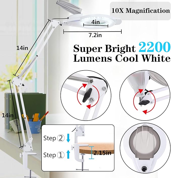 KIRKAS 10X LED Magnifying Lamp with Clamp, 2,200 Lumens Dimmable Super Bright Daylight Magnifying Glass with Light and Stand, Adjustable Swivel Arm Magnifier lamp for Reading Repair Crafts-White