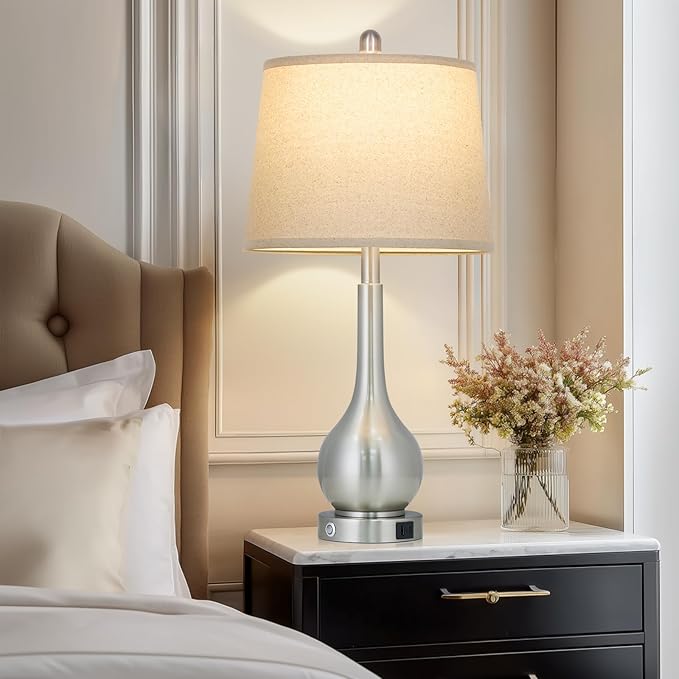 26" Silver Table Lamps Set of 2 for Living Room, Touch Control Bedside Lamp with USB Charging Ports, 3-Way Dimmable Brushed Nickel Bedroom Lamps for Nightstand (2 LED Bulbs Included)