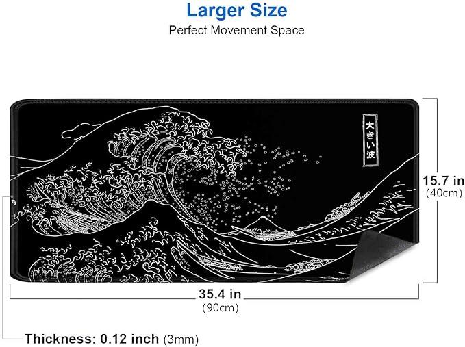 IMAYONDIA Japanese Great Wave Large Mouse Pad (35.4x15.7 in), Black Gaming Mouse Pad Anime XXL, Extended Kanagawa Mouse Mat Desk Pad, Non-Slip Rubber Base Long Computer Mice Pad