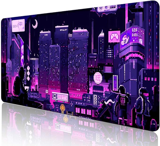Purple Japanese Anime Large Gaming Mouse Pad for Desk, Retro Vaporwave Mousepad, Tokyo Street Pixel Art Desk Pads, Computer Mouse Pad XL Big, Skyline City Desk Mat, 35.4 x 15.7 in