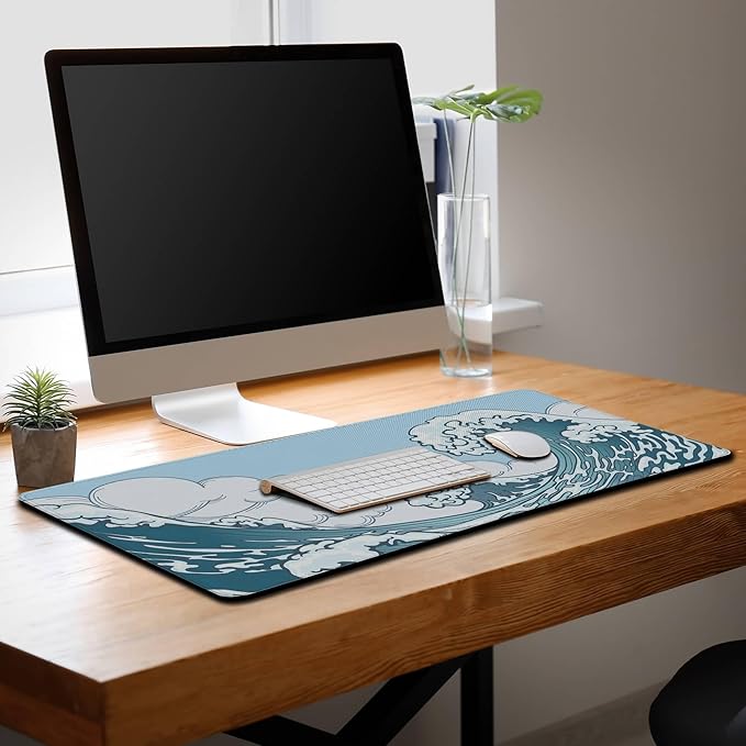 Big Mouse Pad Blue and White, Great Wave Desk Mouse Pads Office Desk Pads, Extra Large Gaming Mouse Pad Non-Slip Rubber Base Waterproof with Stitched Edges, 35.4 X 15.7 inch Japanese Wave