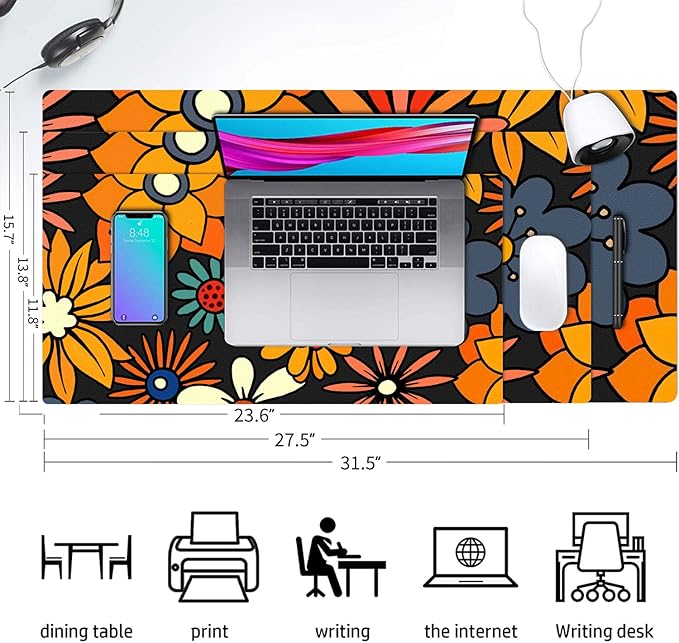 Desk Mat Large Protector Pad 27.5" ×13.8", Non-Slip PU Leather Desk Blotter, Waterproof Mouse Pad for Office Home Retro Flower