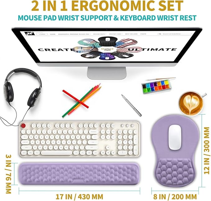 Hokafenle 2 in 1 Ergonomic Mouse Pad Wrist Support & Wrist Rest for Computer Keyboard Set, with Memory Gel Massage Bulge Design (2In1 Set, Lavender)
