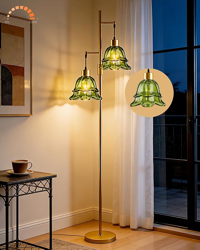 2-Light Gold Dimmable Floor Lamp for Living Room, 65IN Tall Standing Lamps with Green Glass Lampshade, 3000K Warmwhite Mid Century Modern Floor Lamp for Bedroom/Sofa Beside/Corner Decor