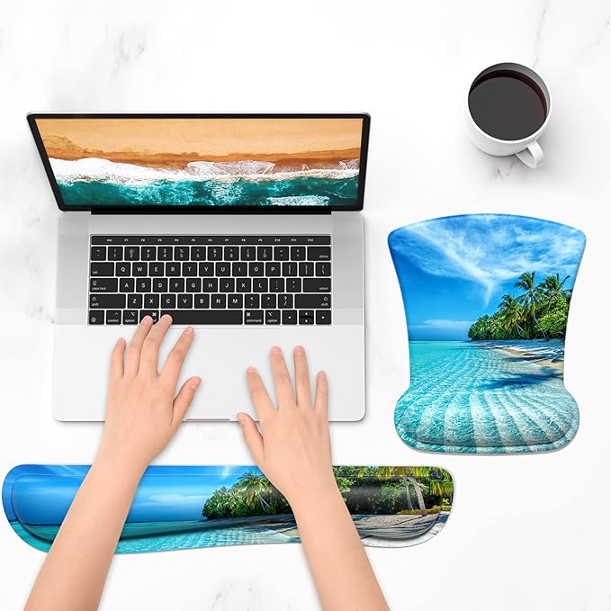 ITNRSIIET Mouse Pad Wrist Support Keyboard Wrist Rest Pad Ergonomic Mousepad Non-Slip Memory Foam Keyboard Pad Easy Typing Pain Relief Perfect for PC Laptop Gaming Office, Blue Sea Blue Sky