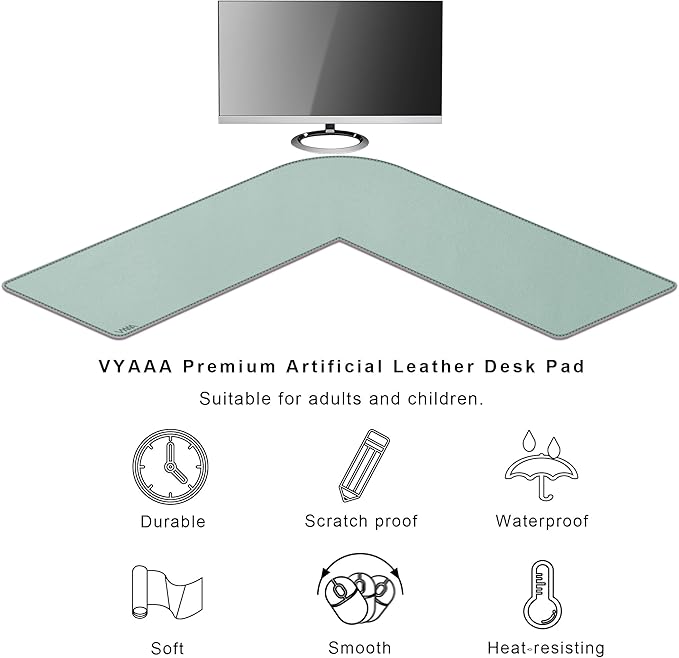 Vyaaa L Shaped Desk Mat, (39.4"+ 39.4") x 13" PU Leather Corner Desk Mat, Reversible L-Shape Desk mat, XL Gaming Mouse Pad for Computer, Gaming, Writing, Home and Office(Green and Pink)