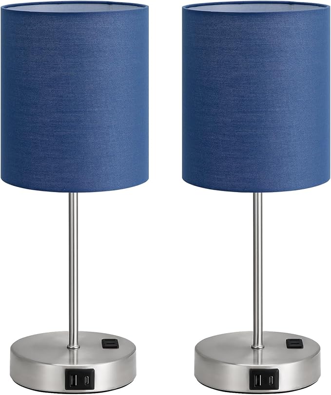 Blue Touch Lamps for Nightstand Set of 2 - Bedside Table Lamp for Bedroom with Dual USB Ports & AC Outlet, 3-Way Dimmable Lamps for Living Room Boys Room, Night Light with 5000K Daylight Bulbs