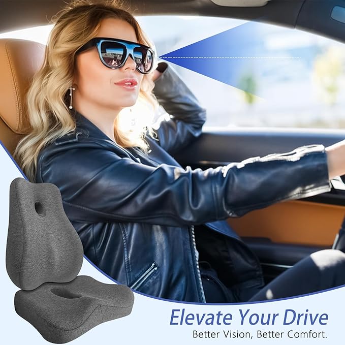Seat Cushion & Lumbar Support Pillow Set for Office Chair, Ergonomic Pillow for Coccyx Support, Memory Foam Back Support Pillow & Chair Cushion for Car Seat, Desk Chair (Grey)