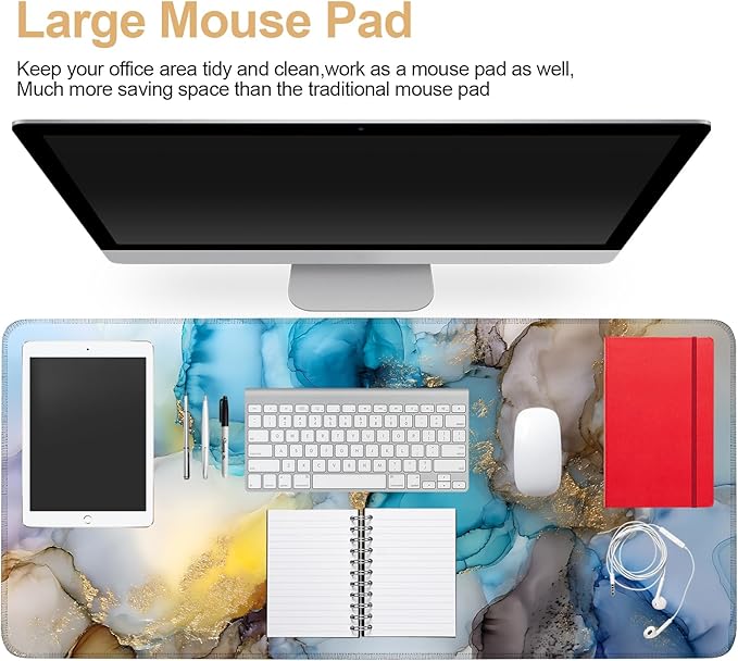 Large Mouse Pad & Keyboard Mat 35x16 Inches, Luxury Fluid Agate with Gold Veins Non-Slip Rubber Base Desk Mat, Large Extended Desk Protector for Home Office Gaming Setup