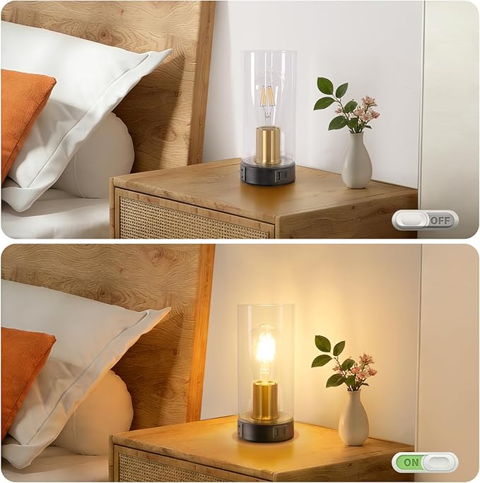 Bedside Table lamp for Bedroom -Touch Lamp with USB-A+C Charging Ports & AC Outlet. Nightstand Lamp with Black Base Glass. Stepless Dimming Small Lamp for Bedroom, Dorm, Office, Kids Room, Living Room
