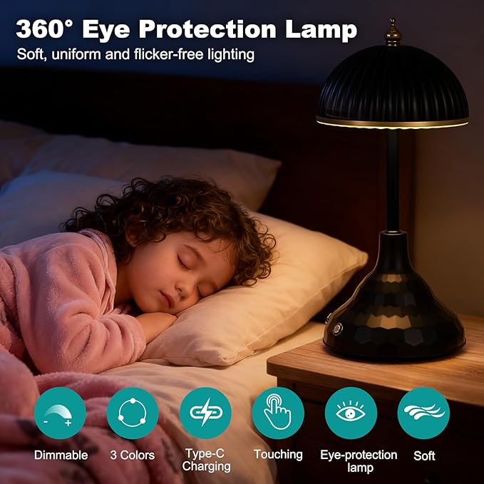 Touch lamp,night light for kids,rechargeable light,suitable for bedrooms, desks,terraces,and outdoor tables. Dimmable LED eye-protection night light,also an ideal Christmas gift for teenagers.(Black)