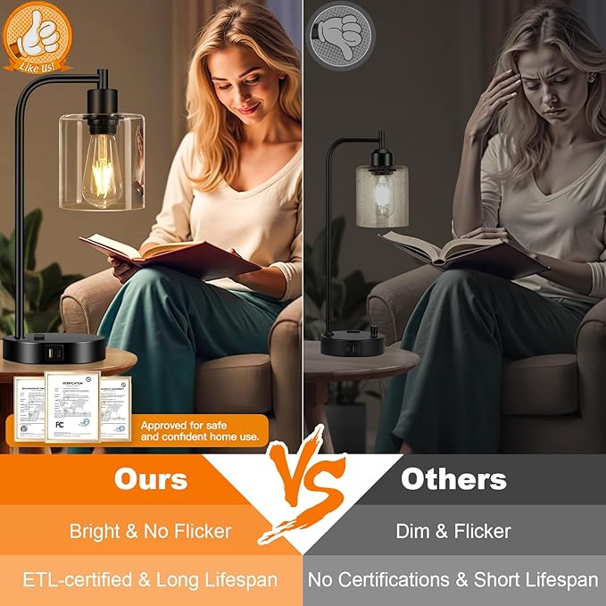 Set of 2 Industrial Touch Control Table Lamps with USB C+A Ports and AC Outlet - 3-Way Dimmable Black Bedside Lamps Nightstand Desk Lamps for Bedroom Living Room, Glass Shade & 2 LED Bulbs Included