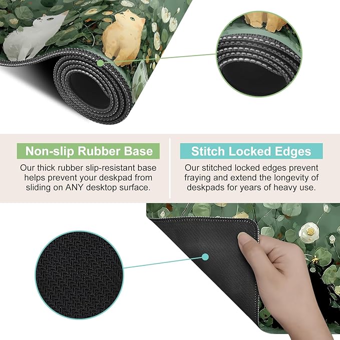 Desk Mat, XXL Extended Gaming Pad for Desktop, 31x12 Inches Floral Cats with Three Kittens, Large Non-Slip Vegan Leather Keyboard Mouse Mat for Home Office