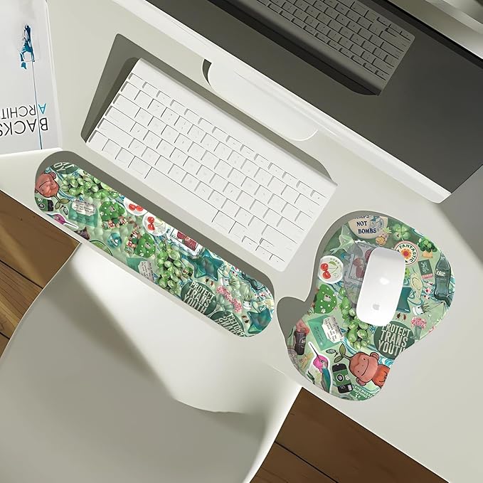 Mint Green Keyboard Wrist Rest Support Mouse Pad&Keyboard Set, Cute Green Ergonomic Mousepad Non-Slip Base Desk/Office Easy Typing Pad with Neoprene Cloth&Raised Curved Memory Foam