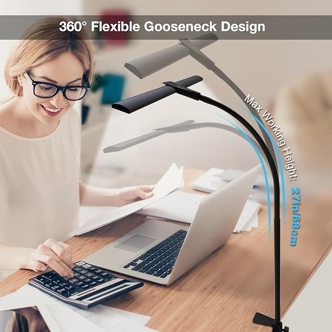 Double Head Clip On Desk Lamp, 1400lm Dimmable Gooseneck Architect Lamp with 5 Color Modes, Eye-Caring Task Light for Home Office,Workbench,Study, Black