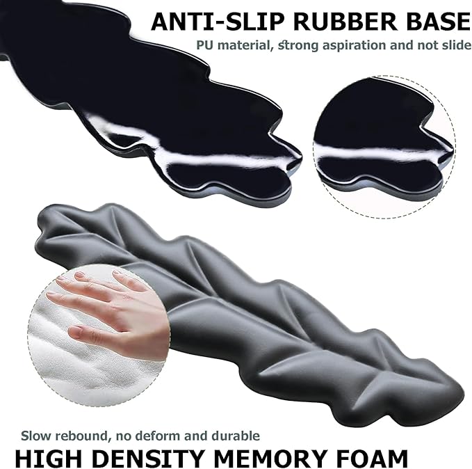 Ergonomic Keyboard Wrist Rest, Leaf Shape PU Leather Memory Foam Wrist Support for Computer Keyboard, Keyboard Pad and Cute Mouse Wrist Pad for Gaming,Office, Computer, Typing, Black