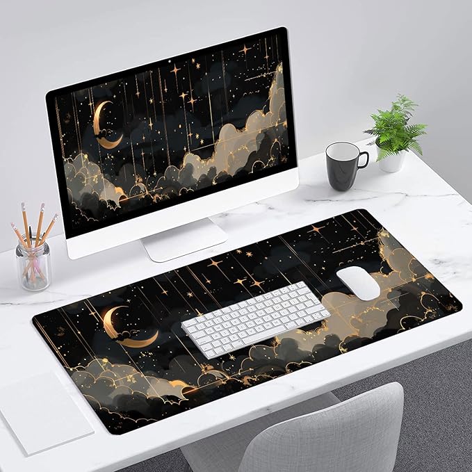 Black Gold Celestial Desk Pad Space Moon Cloud Extended Gaming Mouse Pad Mat with Stitched Edge Non-Slip Base Big Mouse Pad Office Computer Keyboard Laptop Home 35.4"x15.7"