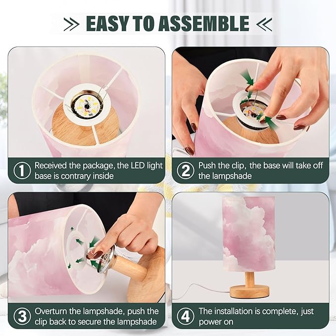 Pink Cloud LED Table Lamp, Bedside Lamp with Linen Lampshade, Flicker-Free Eye Care USB Plug in Nightstand Lamp, for Bedroom and Office