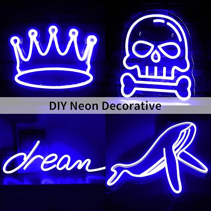 Blue Neon Rope Light, 5M Cuttable LED Strip Lights with Power Plug, 12V Waterproof Flexible Dimmable Lights Kit for Bedroom TV Backlight Gaming Room Monitor Kitchen Cabinet Bar Wall Stage Stairs Decor