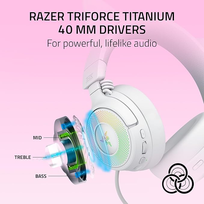 Razer Kraken Kitty V3 Pro Wireless RGB Gaming Headset: Chroma RGB Kitty Ears - 2.4 GHz, Bluetooth 5.3, USB A - Super Wideband Mic - 40mm Drivers - THX Spatial Audio - Comfortable Ear Cushions - White