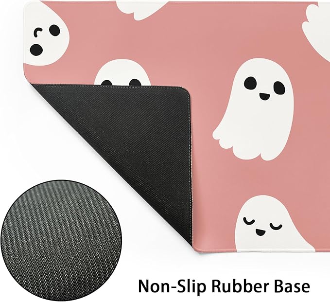 Halloween Cute Ghost Mouse Pad Kawaii Cartoon Spooky Funny Spirit Extended Desk Mat Non-Slip Rubber Base Stitched Edge Large XXL Pink White Mousepad for Gaming Laptop Computer Desktop 35.4×15.7 in