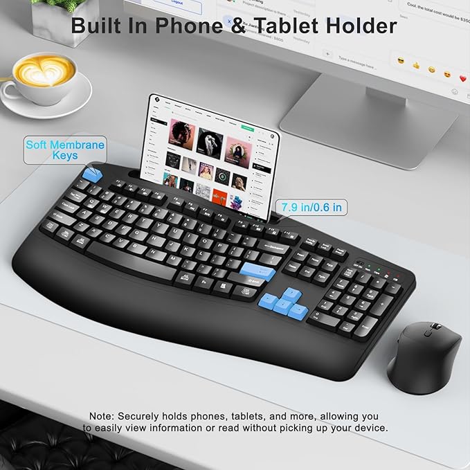 Wireless Keyboard and Mouse Combo, 2.4G Full Size Wave Keys Ergonomic Keyboard with Wrist Rest, Phone Holder, 3-Level DPI Wireless Silent Mouse with 6-Buttons, for Windows, Mac OS, Laptop (Blue Black)
