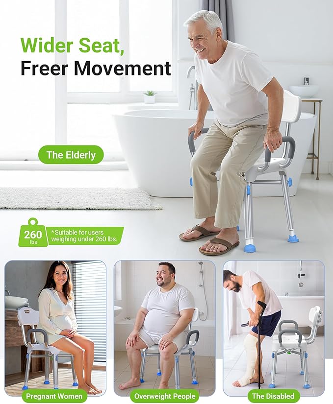 Ergonomic H-Shaped Shower Chair for Elderly and Disabled with Back & Padded Arms,500 lbs Heavy Duty Adjustable Shower Stool Seat for Easy Cleaning, Anti-Slip Bath Chairs for Bathtub