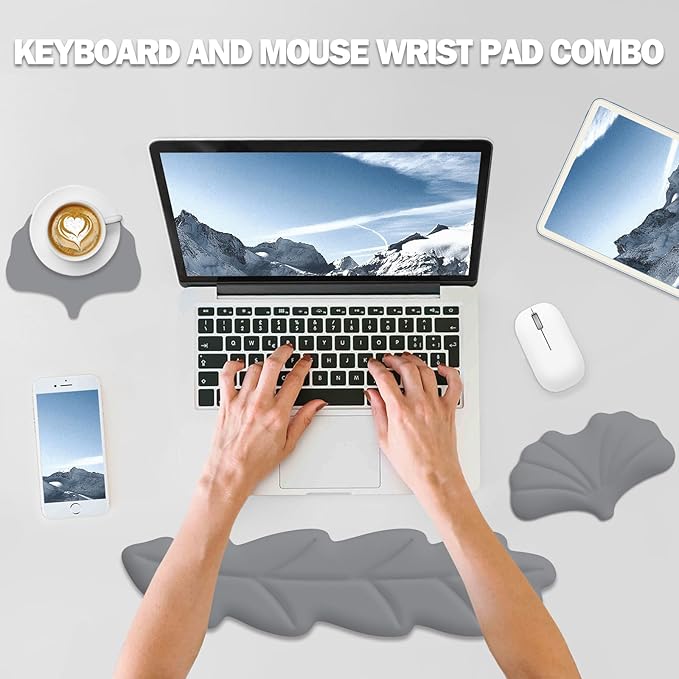 Keyboard Wrist Rest Pad Set, Leaf Shape PU Leather Memory Foam Wrist Cushion Support,Mouse Wrist Rest Pad,Non-Slip Wrist Support for Easy Typing, Grey Leaf