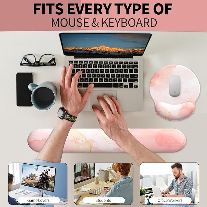 eulps Mouse Pad Wrist Support, Ergonomic Memory Foam Keyboard Wrist Pad & Gel Wrist Rest Set for Computer Keyboard for Easy Typing for Office & Home (Pink Marble)