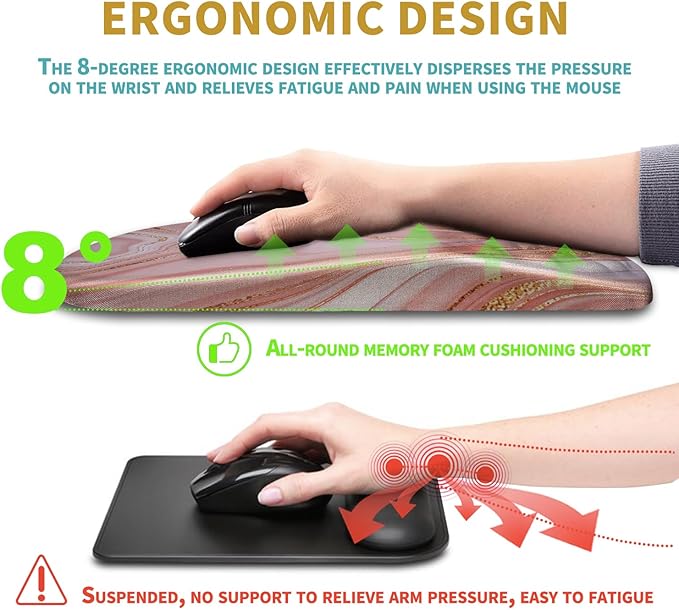 Hokafenle Ergonomic Mouse Pad Wrist Support with Massage Design, Wrist Rest Mousepad with Memory Foam&Non-Slip PU Base, Mouse Pads for Wireless Mouse & Desk (12x8 inch,Pink Gold Marble)