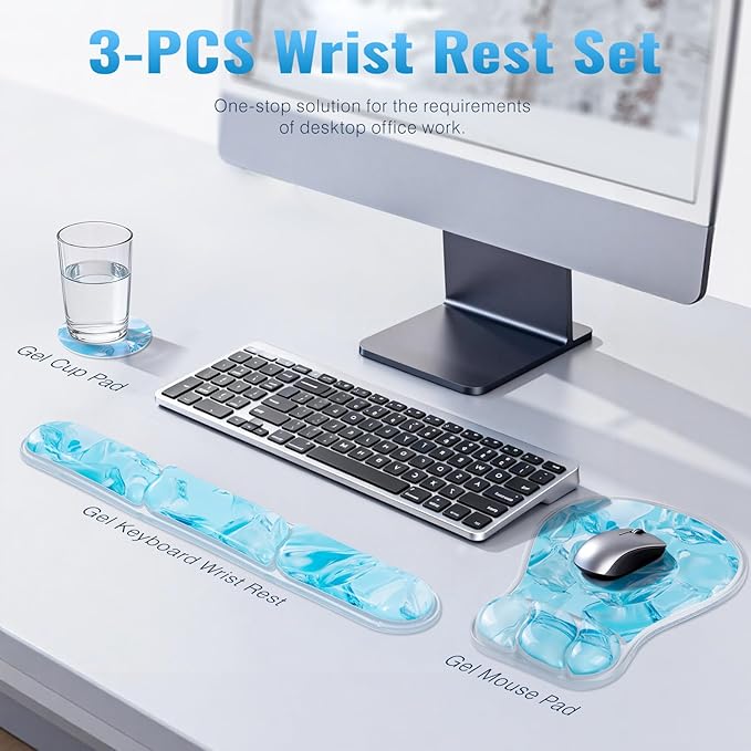 Ospelelf Mouse Pad with Wrist Rest Set Gel Ergonomic Keyboard Wrist Support Anti-Slip Rubber Bottom Office Women Desk Accessories for Computer, Laptop and Gaming, Ice Blue