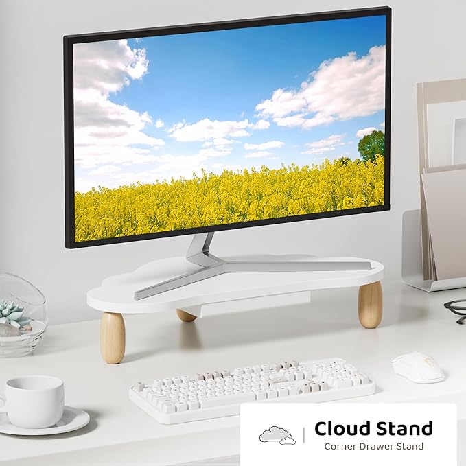 Monitor Stand Riser,Cloud-Shaped Sturdy Wood 16.5In Computer Monitor Riser Wirh Drawer, Multi-Purpose Desktop Organizer Riser for Computer,Laptop,Printer,TV,White