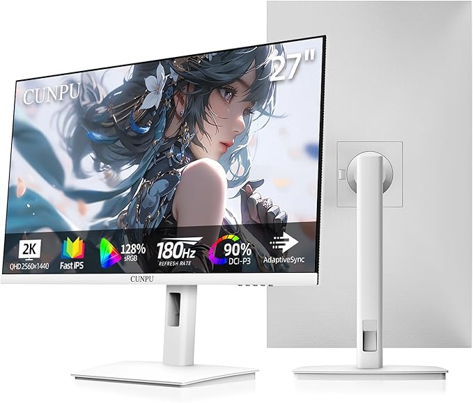27 Inch White 180/200Hz Gaming Monitor, QHD 2560x1440 Fast IPS PC Monitor, Adaptive Sync, 100% sRGB, HDR10, Built-in Speaker, Height/Swivel/Tilt/Rotating Adjustable Stand, HDMI, Displayport