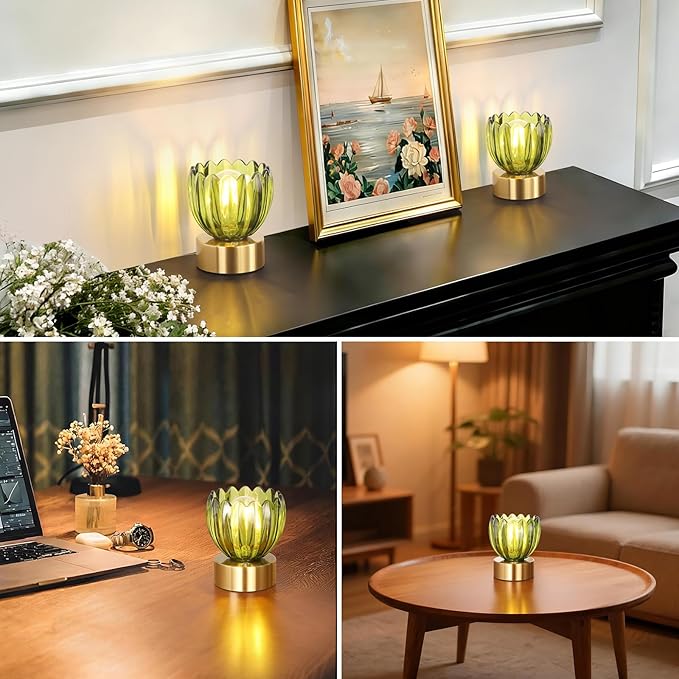 Cordless Small Table Lamp with 5200mAh Battery & Touch Control, Battery Operated Tulip Table Lamp with 3 Colors, Rechargeable Mini Table Lamps for Bedsides, Bedroom, Nightstand (Green)