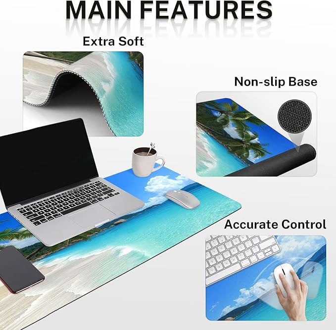 Arttown Tropical Sunshine Beach Desk Mat Summer Ocean Mouse Pad Set 4 in 1 Ergonomic Design Large Desk Pad + Keyboard Wrist Rest + Mouse Wrist Rest + Coaster Suitable for Home Office Study Game