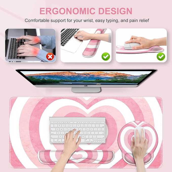 iLeadon Pink Desk Mat, Desk Pad + Pink Mouse Pad with Wrist Rest + Keyboard Wrist Rest + Coaster, 4in1 Mouse Pad Set, Mouse and Keyboard Pad for Home Office, Heart Pink
