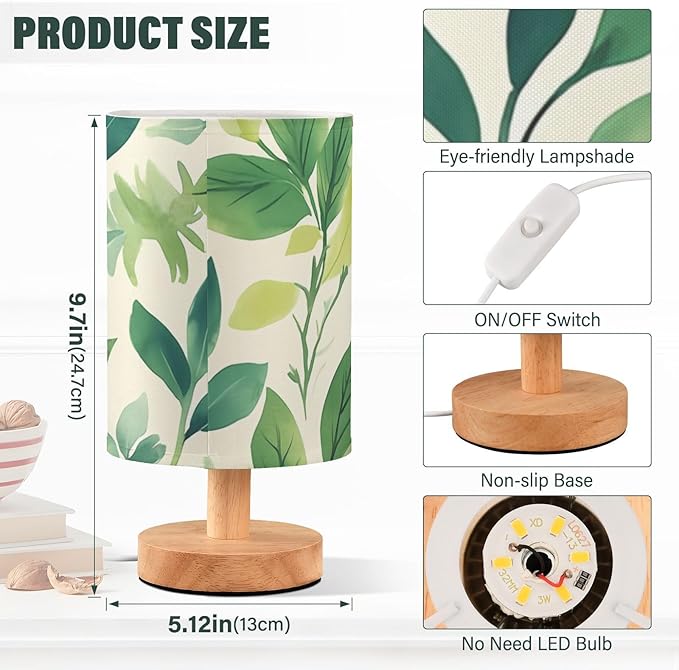 Green Leaf LED Table Lamp, Bedside Lamp with Linen Lampshade, Flicker-Free Eye Care USB Plug in Nightstand Lamp, for Bedroom and Office