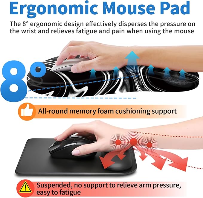 YIWEI Ergonomic Mouse Pad with Wrist Rest - Memory Foam Wrist Support for Carpal Tunnel Relief, Non-Slip Rubber Base, Lycra Cloth Surface for Gaming and Home Office, Black