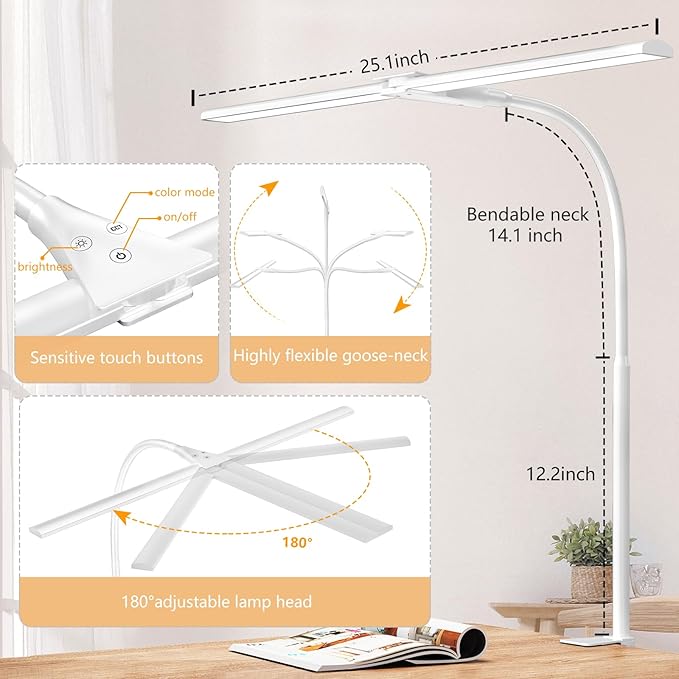 EppieBasic LED Double Head Architect Lamps, Extra Bright Workbench Office Lighting, Eye Protection Modern Desk Light for Monitor Working Reading White 1200LM