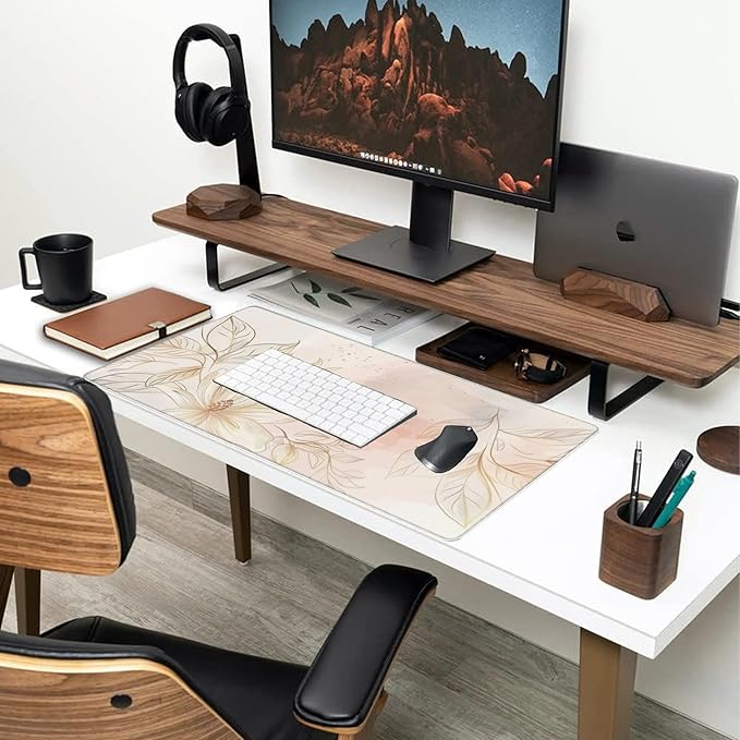 Desk Mat,Minimalist Flowers and Leaves Large Gaming Mouse Pad for Desk XXL,Golden Line Floral Desk Pad,Extended Big Computer Keyboard Mouse Pad with Non-Slip Base Stitched Edges 35.4"x15.7"