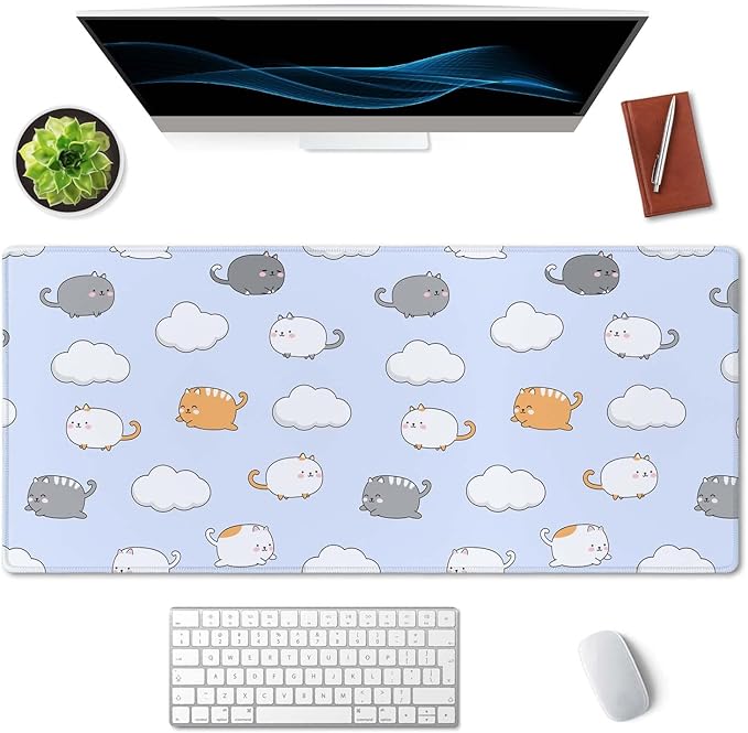 SSOIU Chubby Cats Desk Mat, Extended Gaming Mouse Pad (35.5x15.7 in), Large Non-Slip Rubber Base Mousepad with Stitched Edges, Waterproof Keyboard Mouse Mat Desk Pad for Work, Game, Office, Home