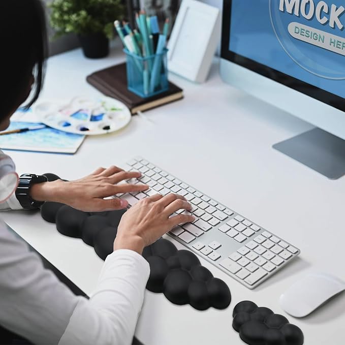Cloud Wrist Rest Keyboard, PU Leather Memory Foam Wrist Rest for Computer Keyboard, Ergonomic Keyboard Wrist Rest Pad and Cute Mouse Wrist Rest for Gaming, Office, Computer, Typing, Black
