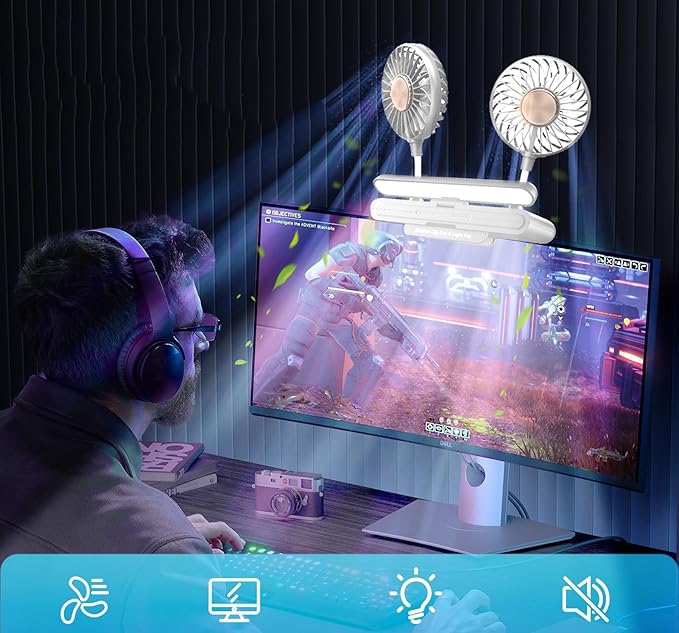 Reading Stand Lamp Space-Saving Clip Fan Light, USB-Powered Cooling 3D Fan with LED Light Bar, Personal Climate Management for Monitor/Laptop/Flat/Bedside/Bookshelf/Music Stand (Glacier Silver)