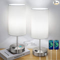 Set of 2 Touch Control Table Lamps with 2 USB Charging Ports&AC Outlet, 3-Way Dimmable Bedside Nightstand Lamps with White Fabric Lampshade for Reading, Bedroom, Living Room, A19 LED Bulbs Included