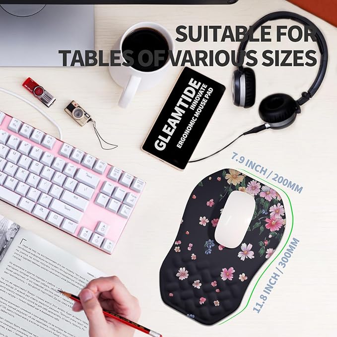 Ergonomic Raised Mouse Pad Wrist Support with Bilateral Slope Memory Foam Mousepad for Wrist Rest and Carpal Tunnel 11.8x7.9〃Flowers Bloom and Fade