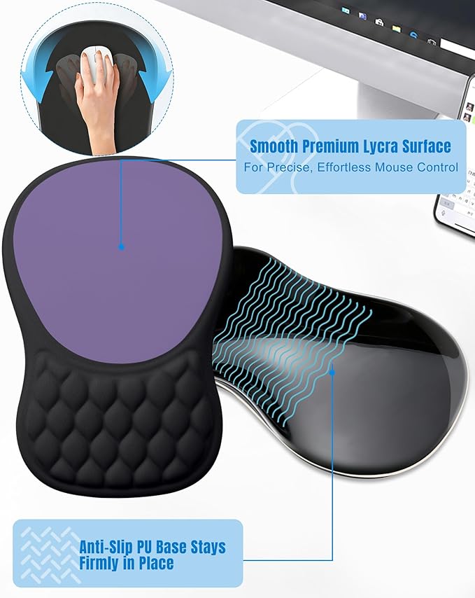 Ergonomic Mouse Pad with Wrist Rest, Slope Design Memory Foam Support, Smooth Lycra Surface, Non-Slip PU Base, Comfortable Mouse Mat for Office, Home, Computer Desk (Black&Purple)