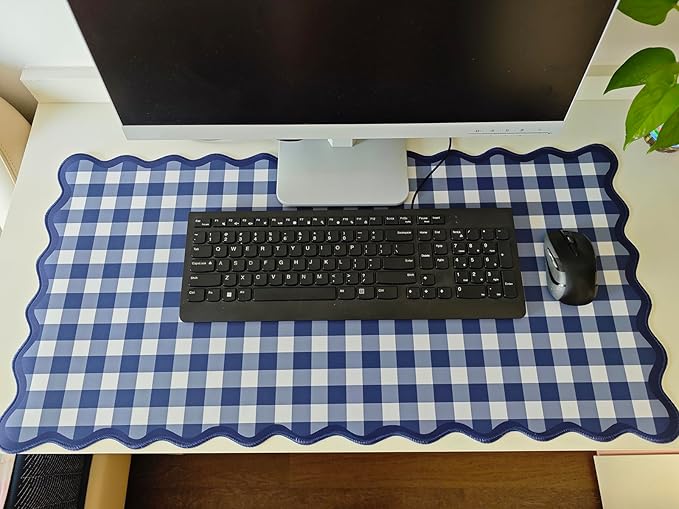 Scalloped‌ Checkered Desk Mat Cute Dark Blue XXL Large Gaming Mouse Pad Gingham Kawaii Cottagecore ‌Vintage‌ Laptop Keyboard Computer Mat for Desktop Aesthetic Desk Pad Accessories Decor