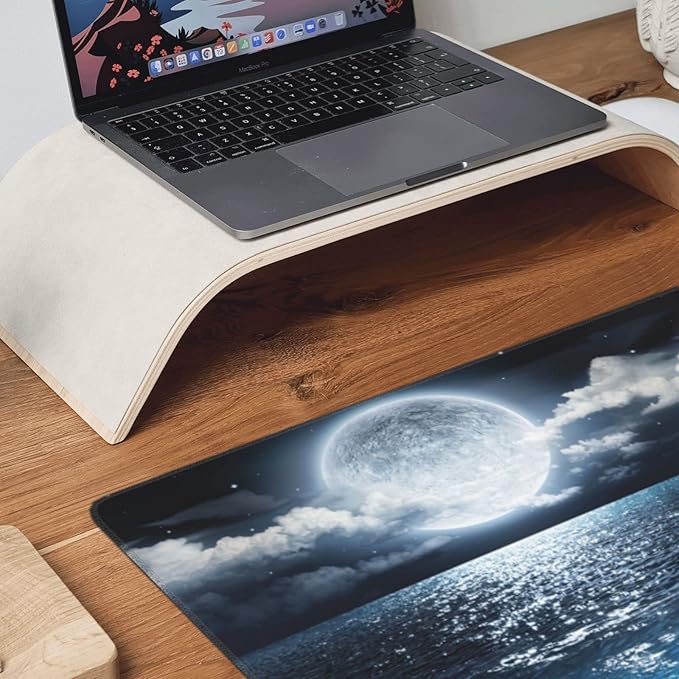 Gaming Mouse Pad,Large Mouse Pads for Desk,Non-Slip Rubber Base Extended Mousepad,XXL Keyboard Mouse Mat,Computer Keyboard Desk Pad with Stitched Edges,35.4x15.8inch,Full Moon On Sea Night