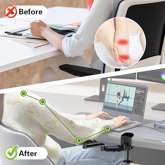 JOY worker Universal Clamp-on Adjustable Arm Rest, Ergonomic 360° Rotating Elbow Rest Pad for Desk, 6-Level Height Desk Arm Support for Thicker Desktop, Left/Right Hand, Black