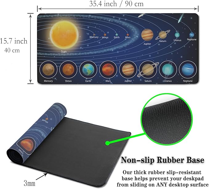 Biggest Mouse Pad - Yellow Pc Desk Mat, 900X400mm Waterproof Non-Slip Rubber Base, 35.4" X 15.7" for Work, Game, Office Galaxy Solar System Planets